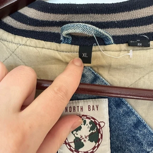 Denim Varsity Jacket with Beige Sleeves - Picture 4 of 5